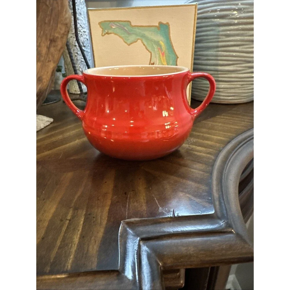 Le Creuset Stoneware Red Mini Casserole Bean Pot Soup Bowl 16oz